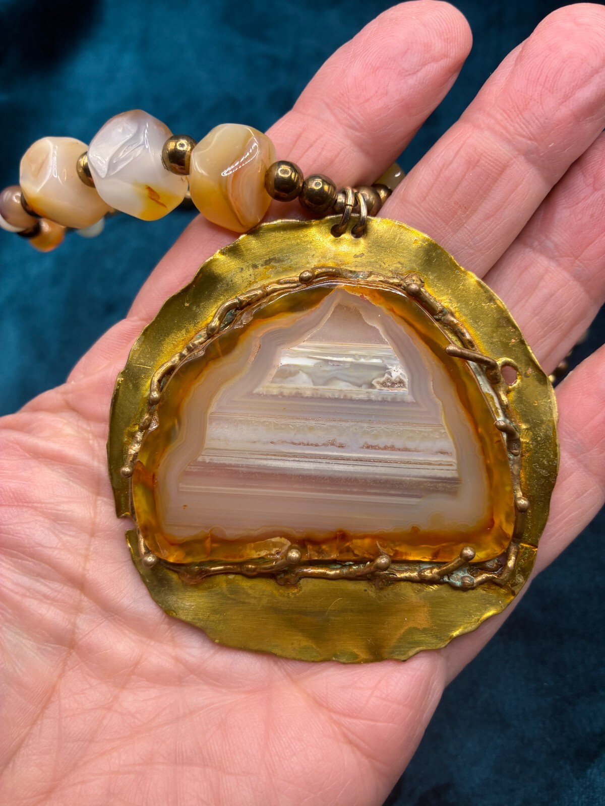 Artisan Crafted Agate Brass Statement Necklace Si… - image 5
