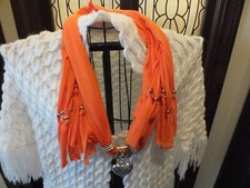 Necklace Scarf Orange T-shirt Fabric Silver Tone Beads Scarf Dangle Heart