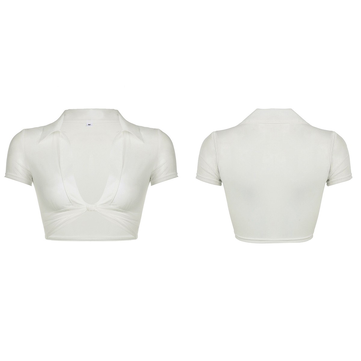 【nh】WITHOUT SUMMER Crop Blouse Womens Sheer Short Sleeve V Neck Crop Top Knot Front Blouse