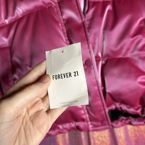 Forever 21 Winter Fuchsia Pink Metallic Quilted Puffer Statement Jacket Coat - Picture 9 of 9