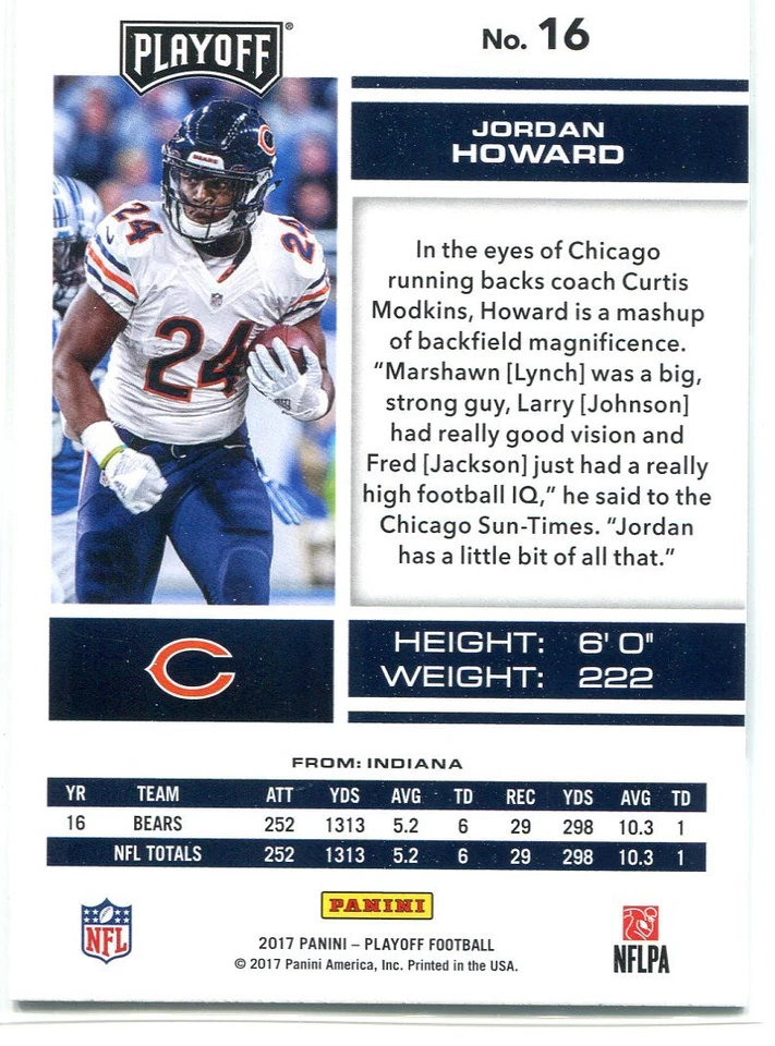 2017 PLAYOFF GOAL LINE PARALLELS JORDAN HOWARD CHICAGO BEARS - Image 2 of 2