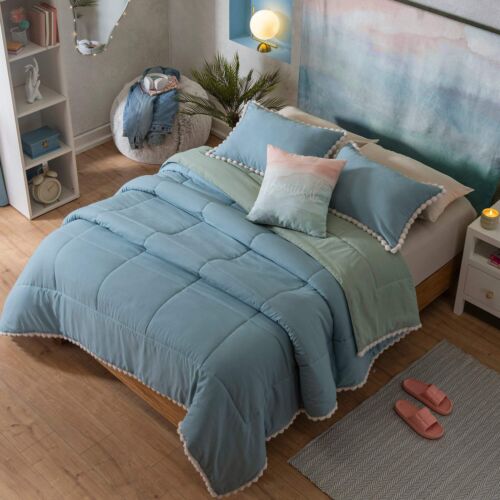 Blue and Green Viasoft Comforter Set Reversible, Pom-Pom Trim, Ultra-Soft & Cozy
