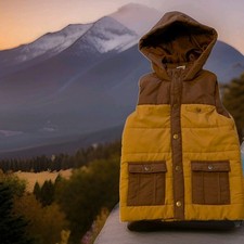 Tommy Bahama Boys Puffer Vest Hooded Brown Tan Colorblock Snap Front S 5/6 EUC
