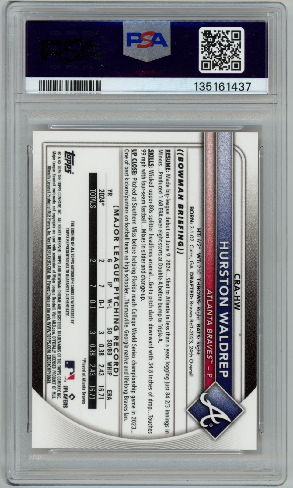 Hurston Waldrep 2025 Bowman Chrome RC Auto Orange Refractor /25 PSA 9 MT #CRA-HW view 2