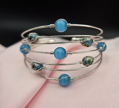 Vintage Celestial Blue and Floral Cloisonne Multi-strand Wire Cuff Boho Bracelet