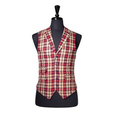 Mens Plaid Vest 40R Red Beige Blue Wool Waistcoat Formal Casual Preppy Wedding