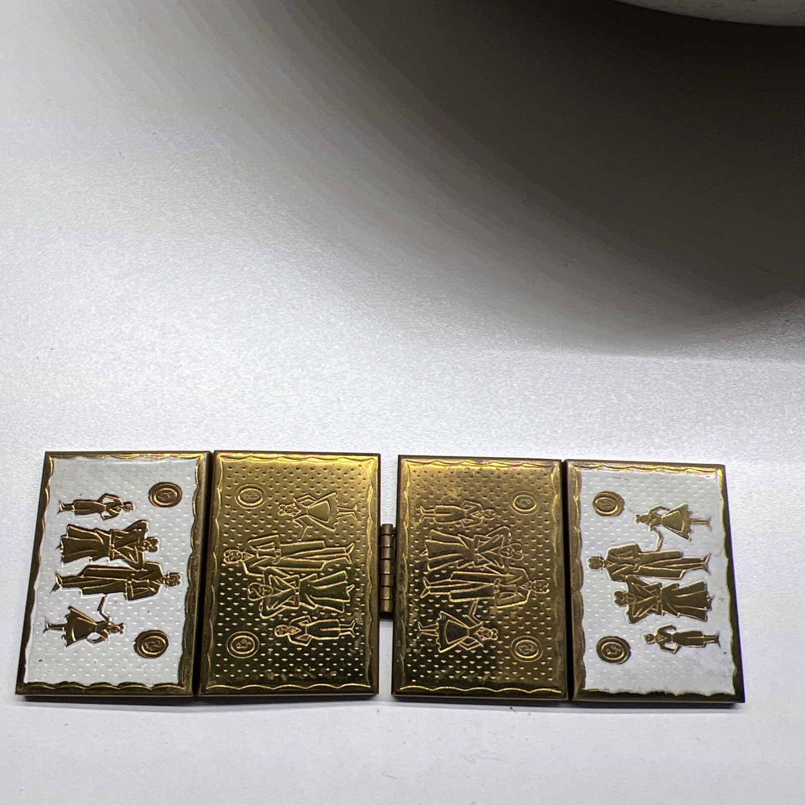 Vintage Nucear Family Compact Mini Photo Frame Brass & White Enamel 1940s