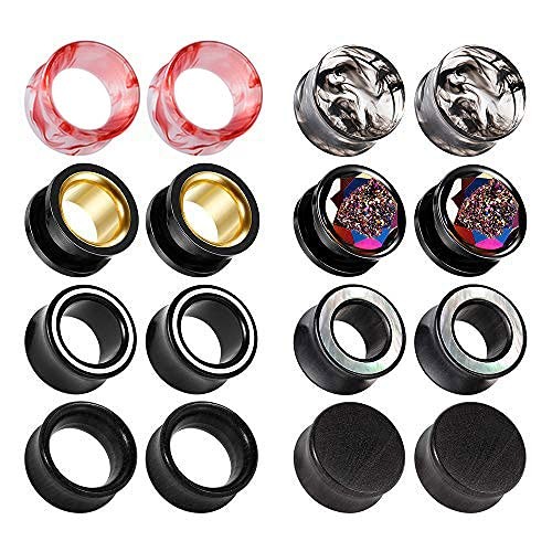 16PCS Set Mixed Stainless Steel Ear Gauges Wood Tunnels Double Flare Saddle S...