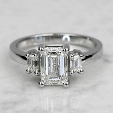 Emerald Real Moissanite Trilogy Engagement Wedding Ring in 14K White Gold Plated