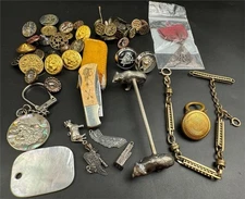 ANTIQUE COLLECTIBLE LOT BUTTONS STERLING CHARMS GOLD FILLED CHAIN MEDALS KNIFE