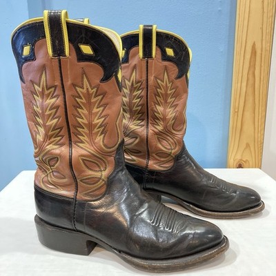 ML Leddy 9 D Custom Leather Cowboy Boots - Black / Tan, Yellow Accents 
