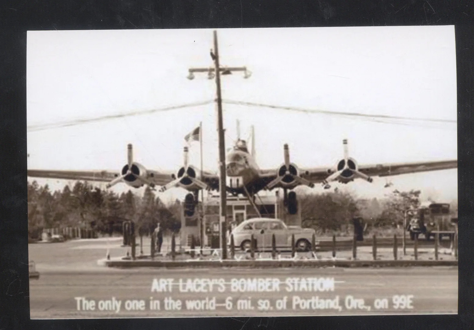 REAL PHOTO PORTLAND OREGON BOMBER SERVICE GAS STTION CARS POSTCARD COPY
