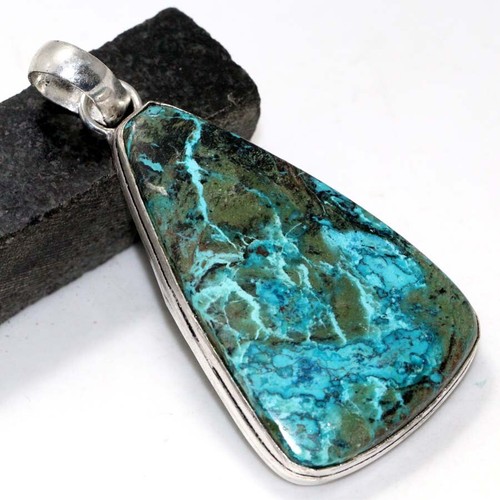 Chrysocolla 925 Silver Plated Long Gemstone Pendant 2.2" Limited Gift GW