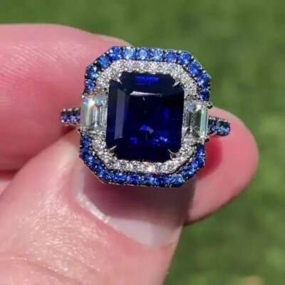 6 ctw Lab Created Emerald Cut Sapphire & Diamond Engagement Ring 14K Gold Plated