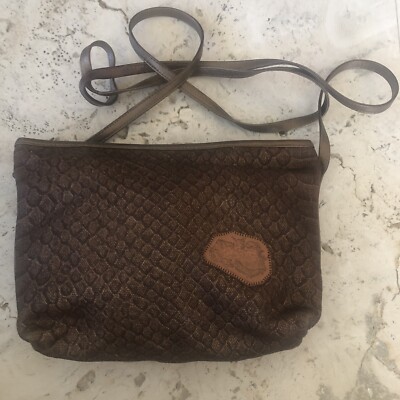 Carlos Falchi Brown Bronze Leather Fabric Bag Crossbody Handbag Purse Vtg 80s