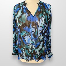 Chico's Woman's 3 / 16 Top Shirt Tunic Textured Semi Sheer Blue Pleated NEW