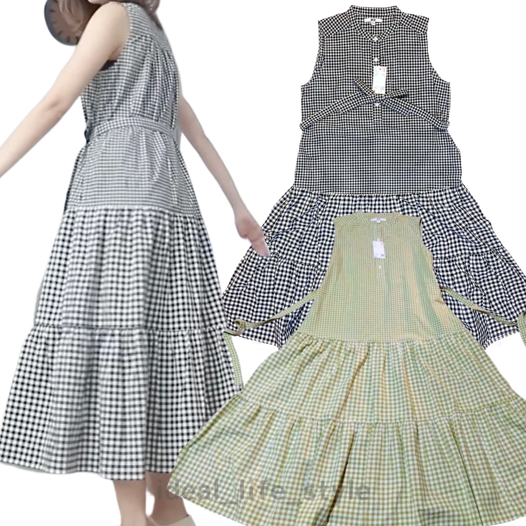 UNIQLO Slub Cotton Sleeveless Dress Black/Olive S-3XL Checkered 2023 458233 NWT