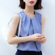 Women Satin Shirt Sleeveless Vest Faux Silk Gilet Pleated Tank Top OL Career