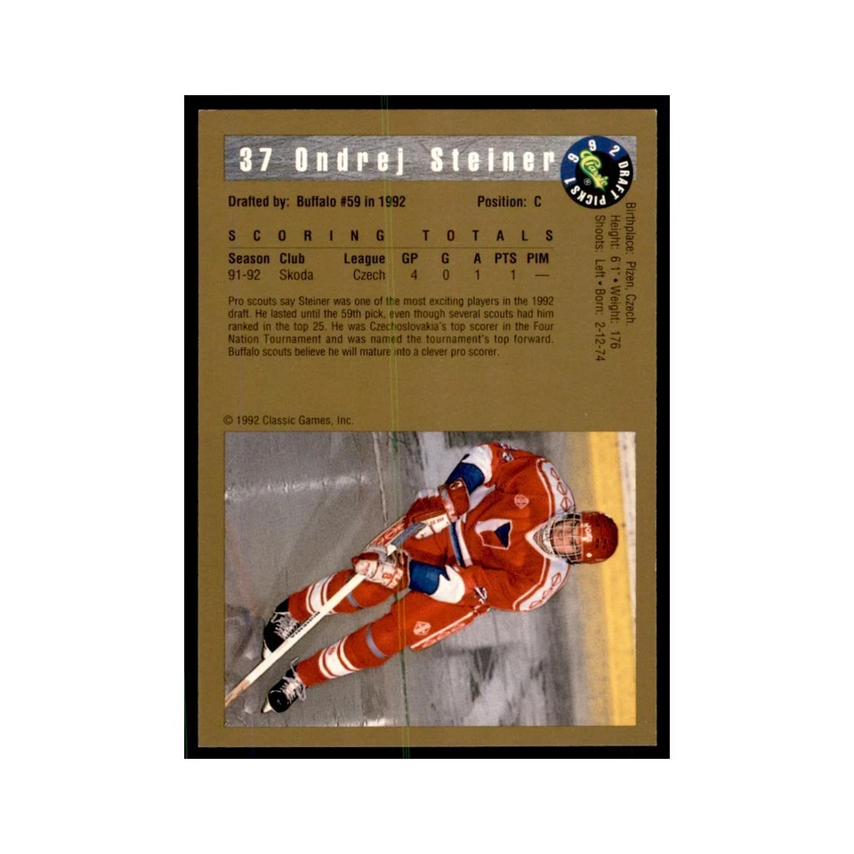 1992 Classic Draft Picks Ondrej Steiner Hockey Cards #37 - Image 2 of 3