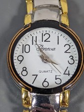 Womans Geneva White Dial Round Silver Tone Case Two Tone Link Band Watch