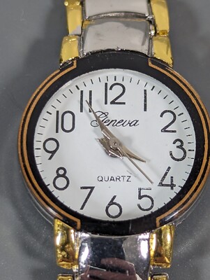 Womans Geneva White Dial Round Silver Tone Case Two Tone Link Band Watch