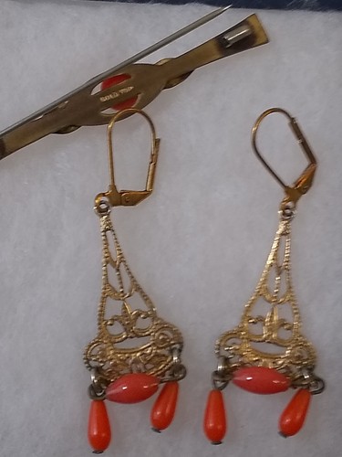Lotto Orecchini Vetro Art Déco Intagliati Arancione Rosa Top Oro Rosa Top Art Déco Vintage Ottone - Foto 4 di 5