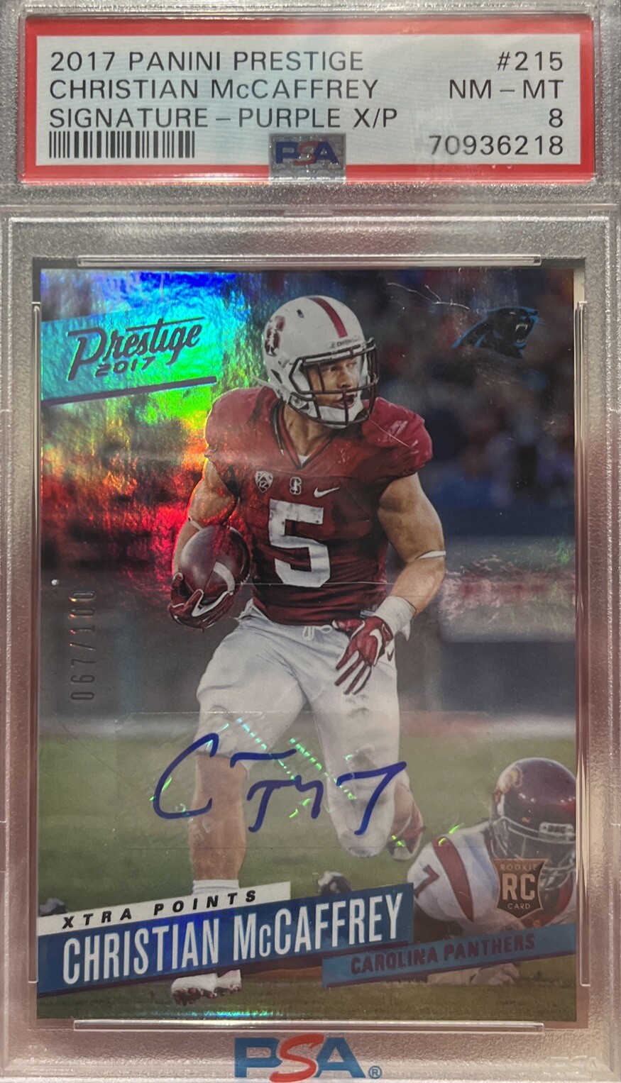 Christian McCaffrey Panini Prestige #215 Signature-Purple Xtra Points