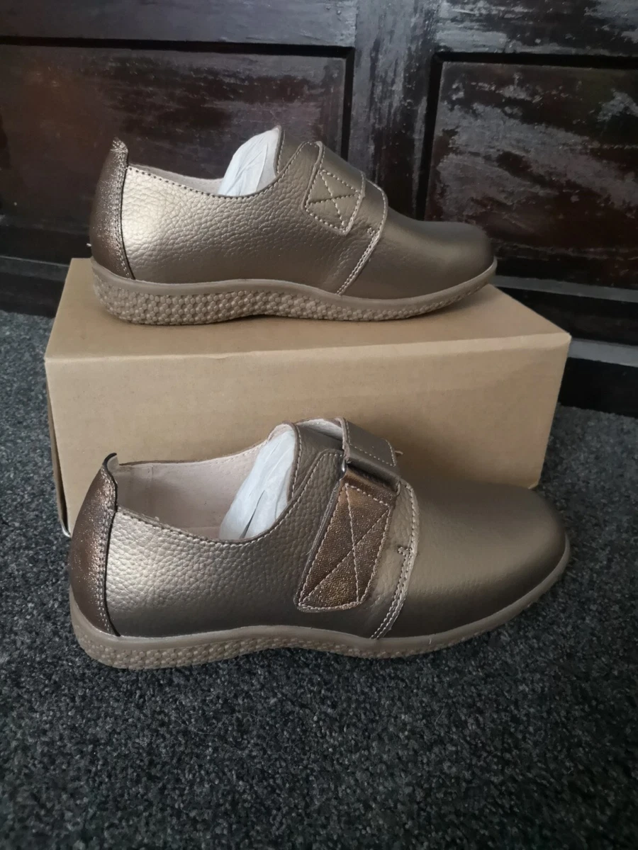 NEW DAMART LADIES LEATHER SHOES BRONZE SHIMMER TOUCH FASTEN 5E UK