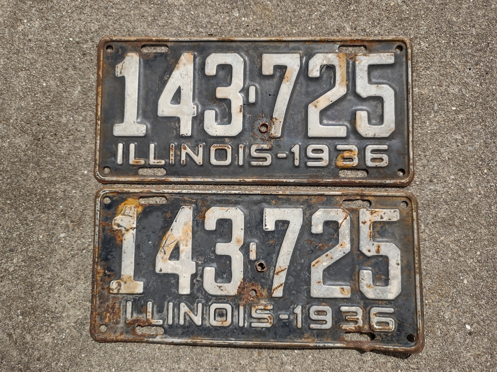 Vintage 1936 Blue Illinois License Plates Pair Matching Auto Tag Metal Decor DMV