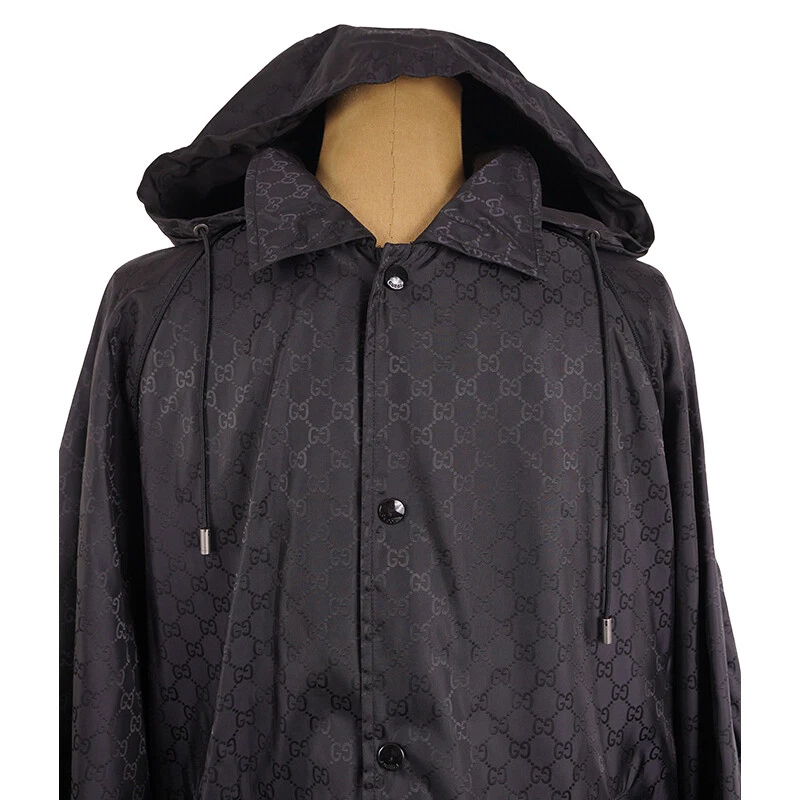 taglia 54 GIACCA FRANGIVENTO NUOVA $1900 GUCCI UOMO NERA GG JACQUARD CAPPUCCIO rimovibile