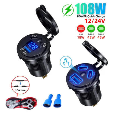 12V/24V USB Outlet 108W 3 Port Dual PD 45W USB C Car Charger Socket and Quick Ch