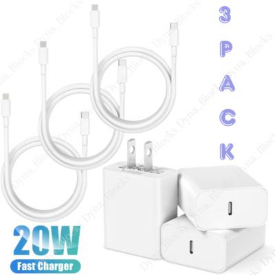 3Pack For iPhone 16 15 14 13 12 11 Pro Max 20W PD Fast Charger Cube USB C Cable