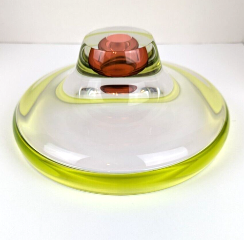 Mary Ellen Buxton Kevin Kutch Studio Art Glass 10" Lime Red Crystal Bowl Signed - Picture 6 of 14