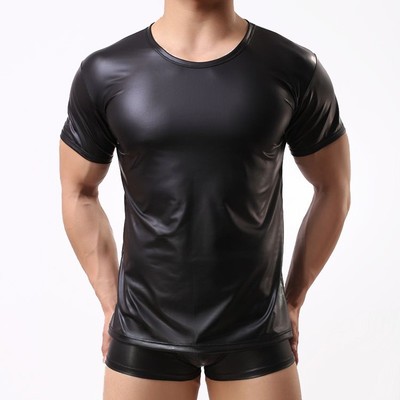 Mens Black Faux Leather Short Sleeve T-shirt PU Wet Look Crew Neck Plain Top Tee | eBay