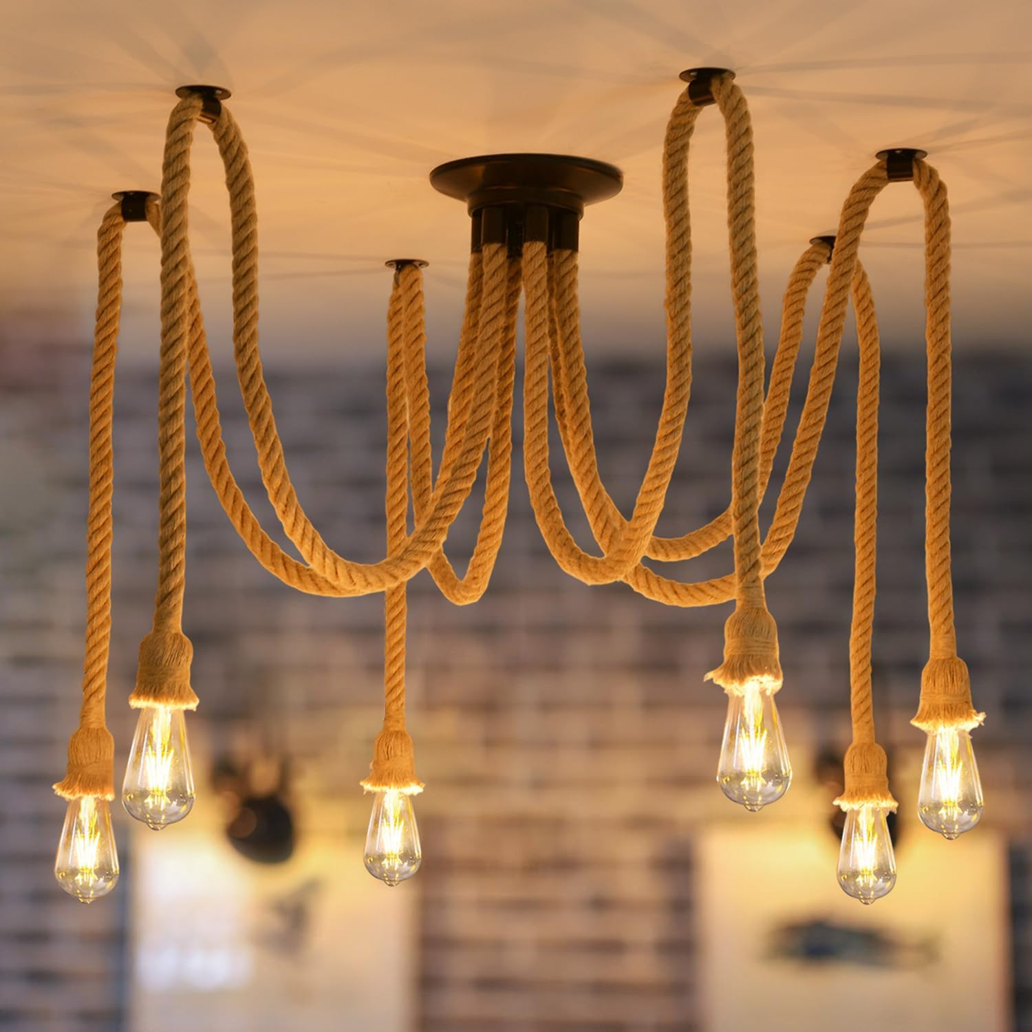 Lampadario Corda Canapa 6 Braccia - Arredamento Vintage Chic
