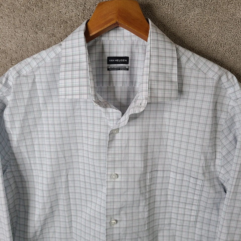 Van Heusen Shirt Mens XL 34/35 White Gray Green Plaid Stretch Button Down - Image 2 of 4