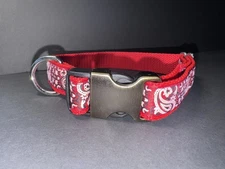 Dog Collar Red Paisley Bandana Print Large Handmade Heavy Duty W/Buckle NEW