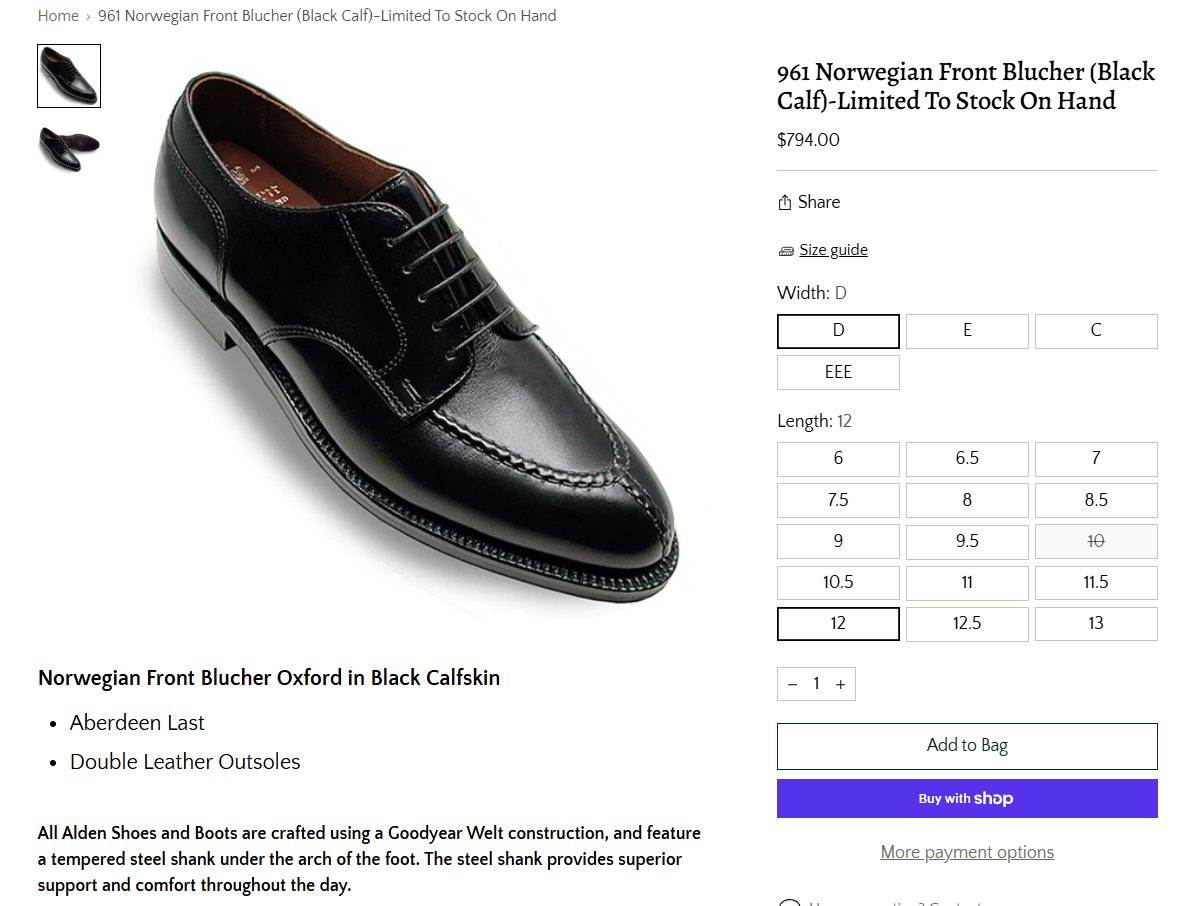 Alden 961 Norwegian Split Blucher Toe Black Leather Men's Shoes