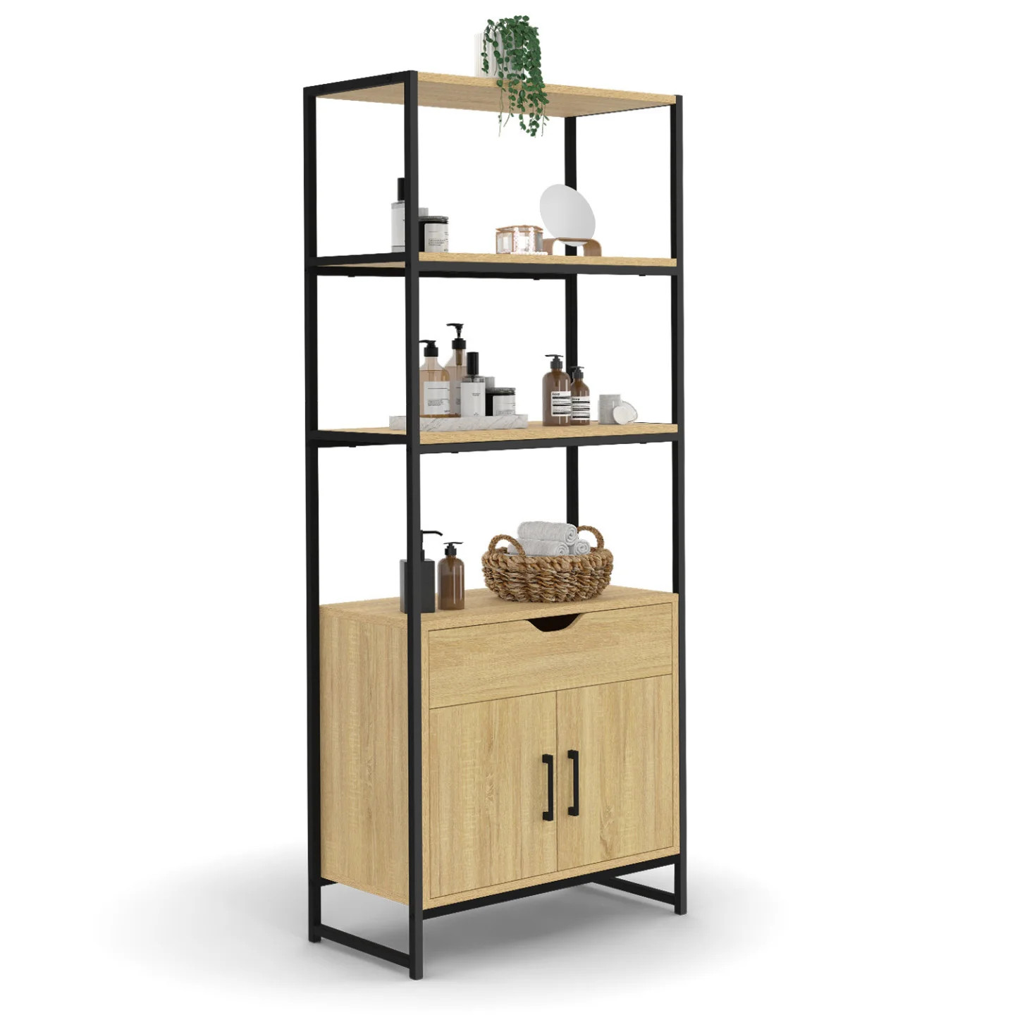 Meuble de rangement salle de bain DETROIT en bois et metal noir avec 3 etageres