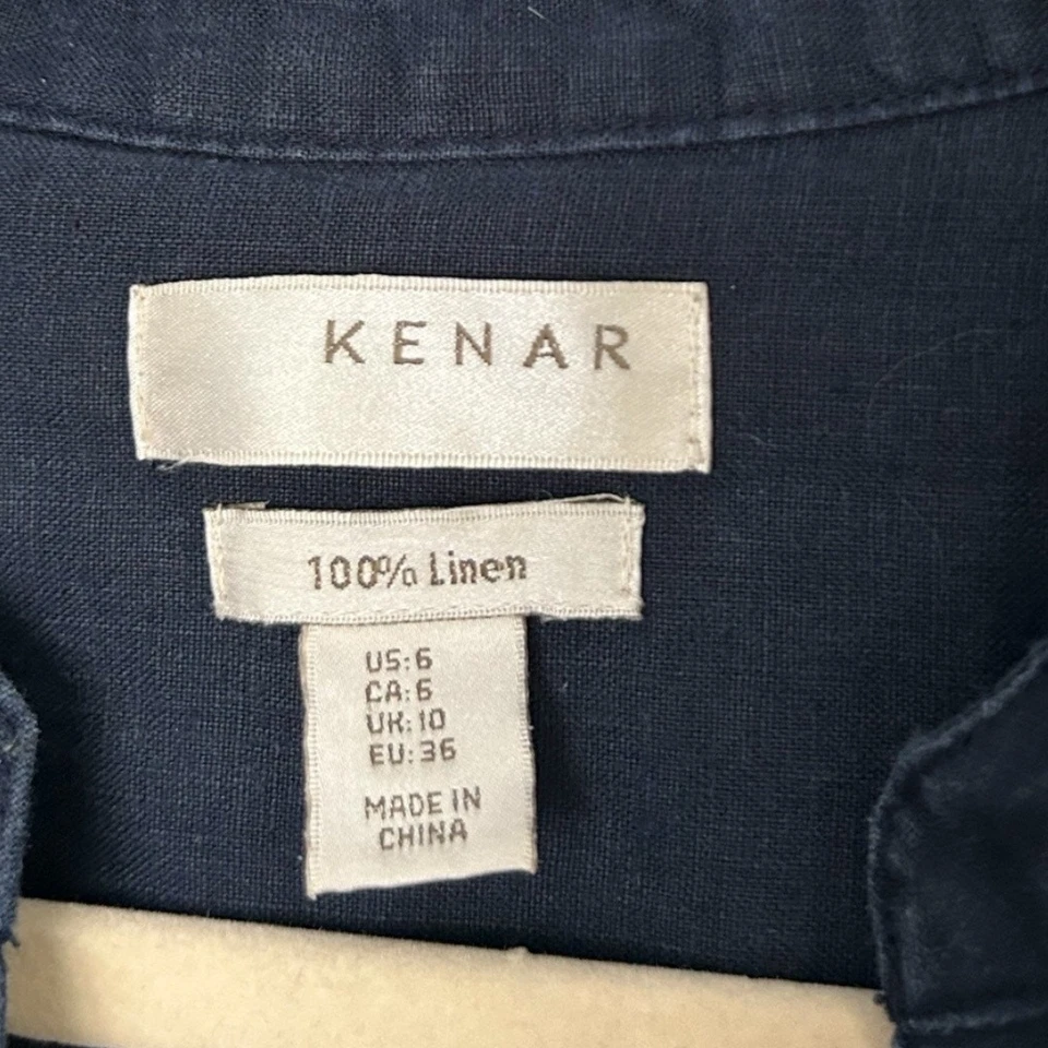 Vestido camisero Kenar 100 % lino para mujer talla 6 azul marino con botones delanteros mangas enrollables  Foto 4 de 4