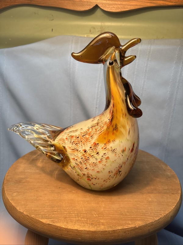 Vintage Art Glass Hen Hand Blown Chicken Rooster Figurine 9”Tall x 9”Long