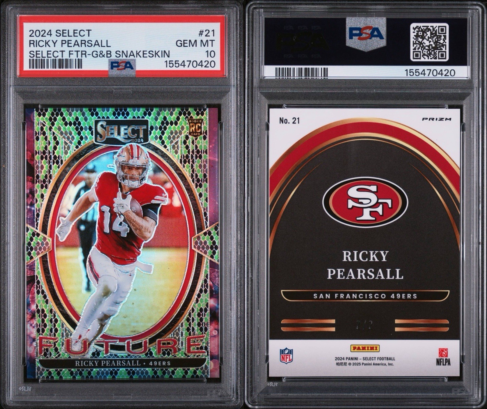 2024 Panini Select Ricky Pearsall, Green And black Snakeskin 2/2 PSA 10 RC