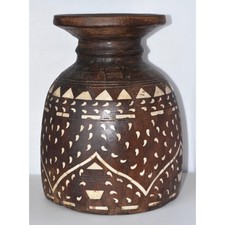 Antique Folk Art Wood Hand Crafted With Bone Inlay Vessel Vase Pot