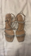 Women  s Beige/Silver Rhinestone Strappy Ankle Strap Sandals 8 Std