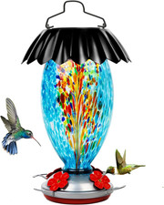 Solar Hummingbird Feeder for Outdoors Hanging Colorful Lighting 32 Oz Hand Blown