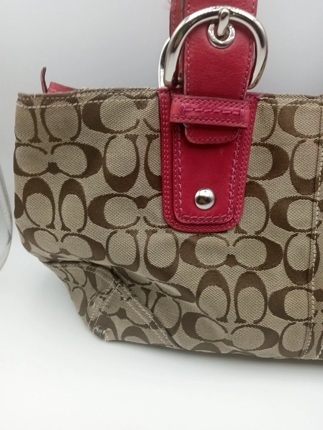 Borsa a tracolla Coach Signature marrone jacquard tela rosa intrecciata pelle tracolla