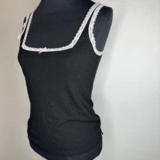 Honey Dew Fine Rib Lace Trim Tank Top Cami Square Neck Black Size S Soft Comfy
