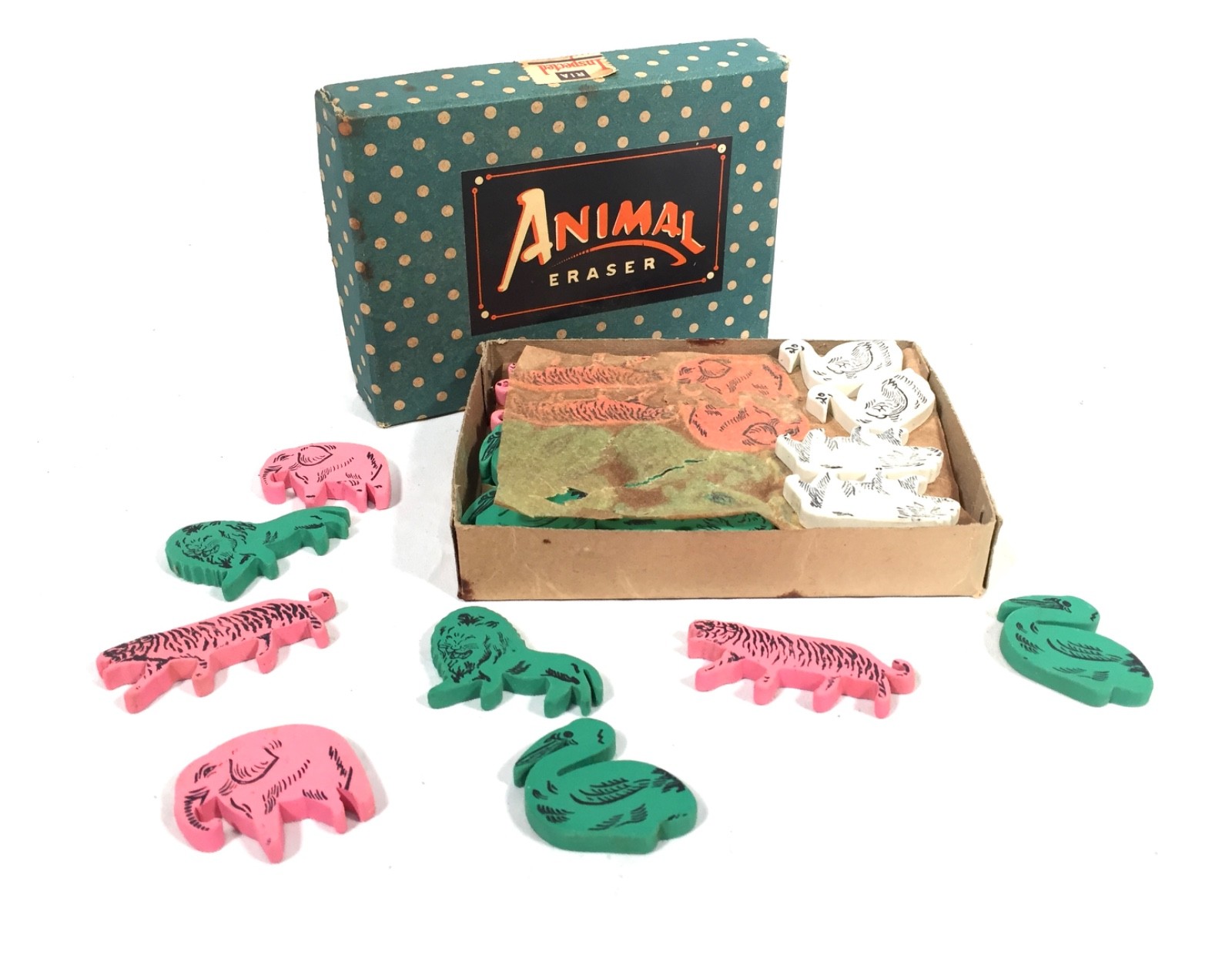 Complete set of 48 Animal Erasers in Original Box / Unused 20th Century c.1950