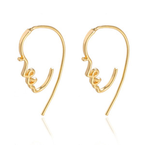 Authentic 925 Silver Gold Plated Abstract Face Vintage Drop Chain Earrings Ear Wire PE62