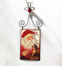 Vtg Wood  Metal Scrollwork Santa Makes Toy Rocking Horse Christmas Ornament